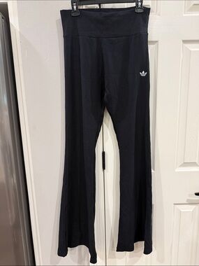 Adidas womens Black Flared ribbed flare Leggings with Trefoil Logo Sz L
